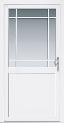 Weiße UNILUX Holz-Alu-Nebeneingangstür mit Sprossenfensterelement