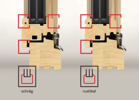 Querschnitt durch zwei Holz-Fensterrahmen mit unterschiedlicher Profilierung