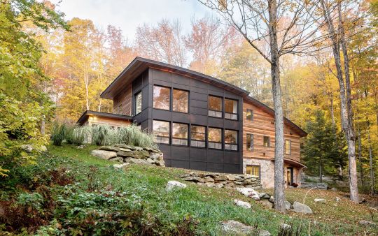 Modernes Holzhaus im Wald mit Sprossenfenstern