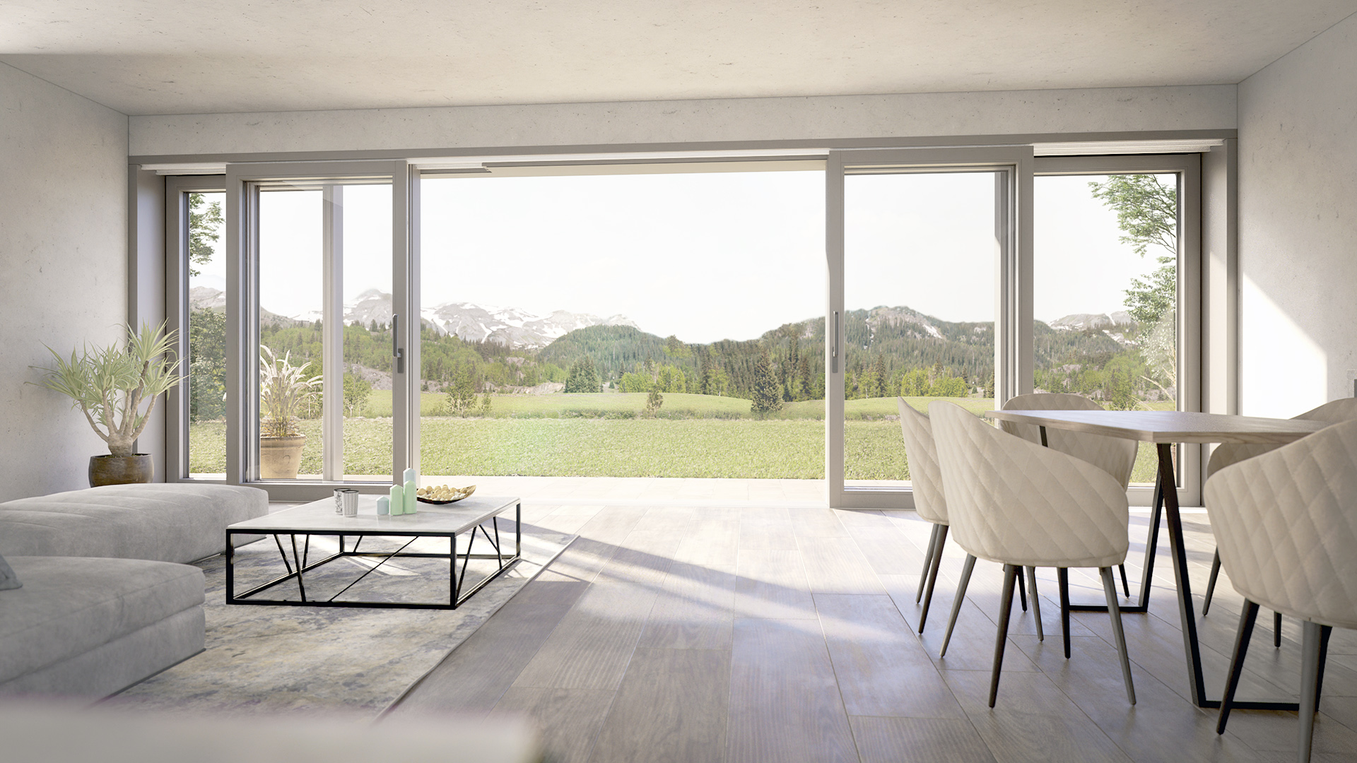 Blick aus modernem Wohnraum auf geöffnete UNILUX Kunstoff Hebe-Schiebe-Anlage IsoStar