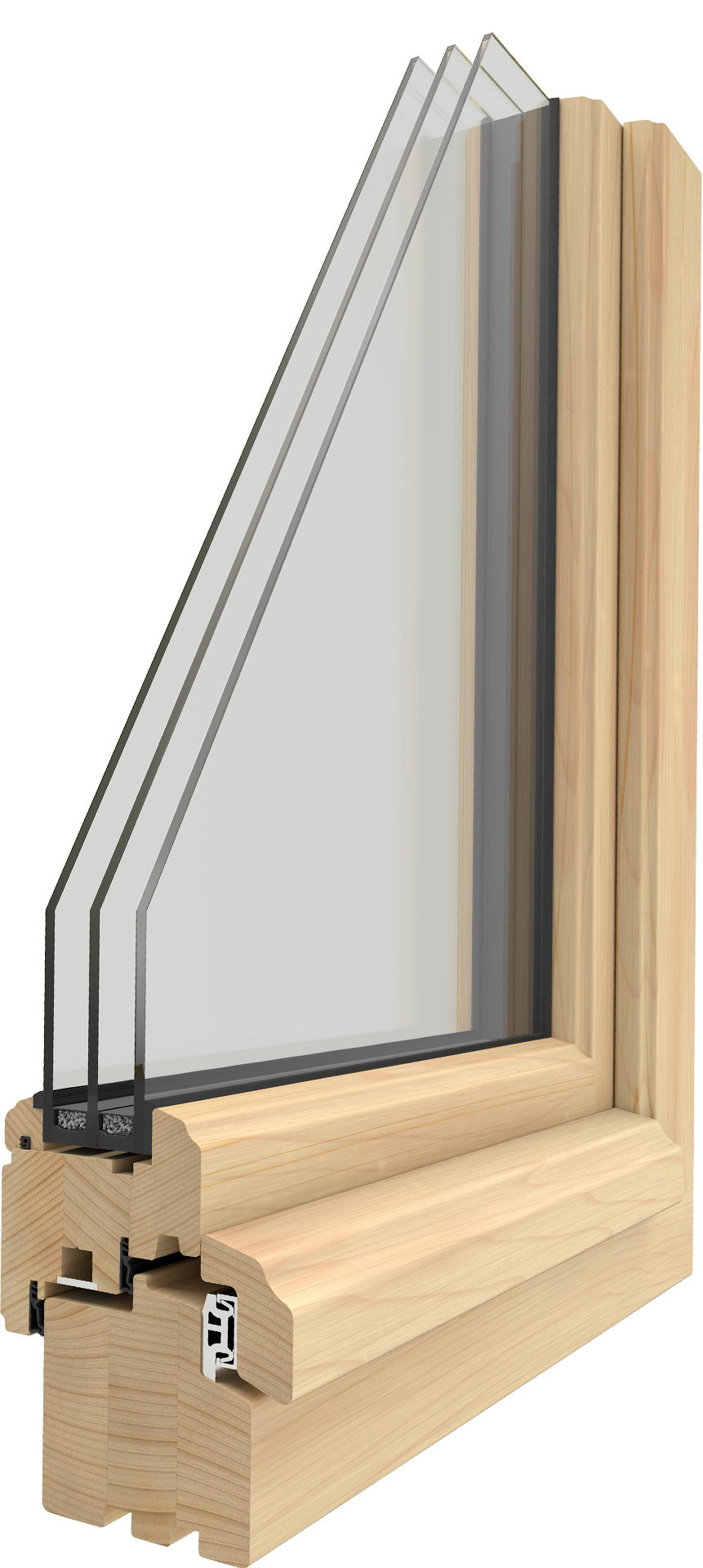 3D-Querschnitt UNILUX Holzfensterprofil schräg
